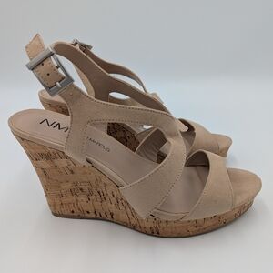 Neiman Marcus Beige Cork Wedge Sandals 9.5 Faux Suede Strappy Summer Vacation